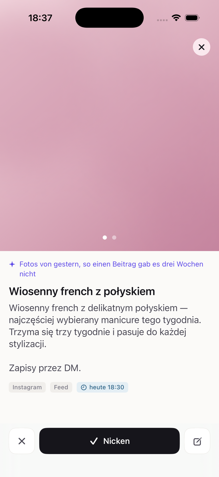 Kivnu: ein Beitrag, fertig zum Senden. Ein Tippen zur Freigabe.