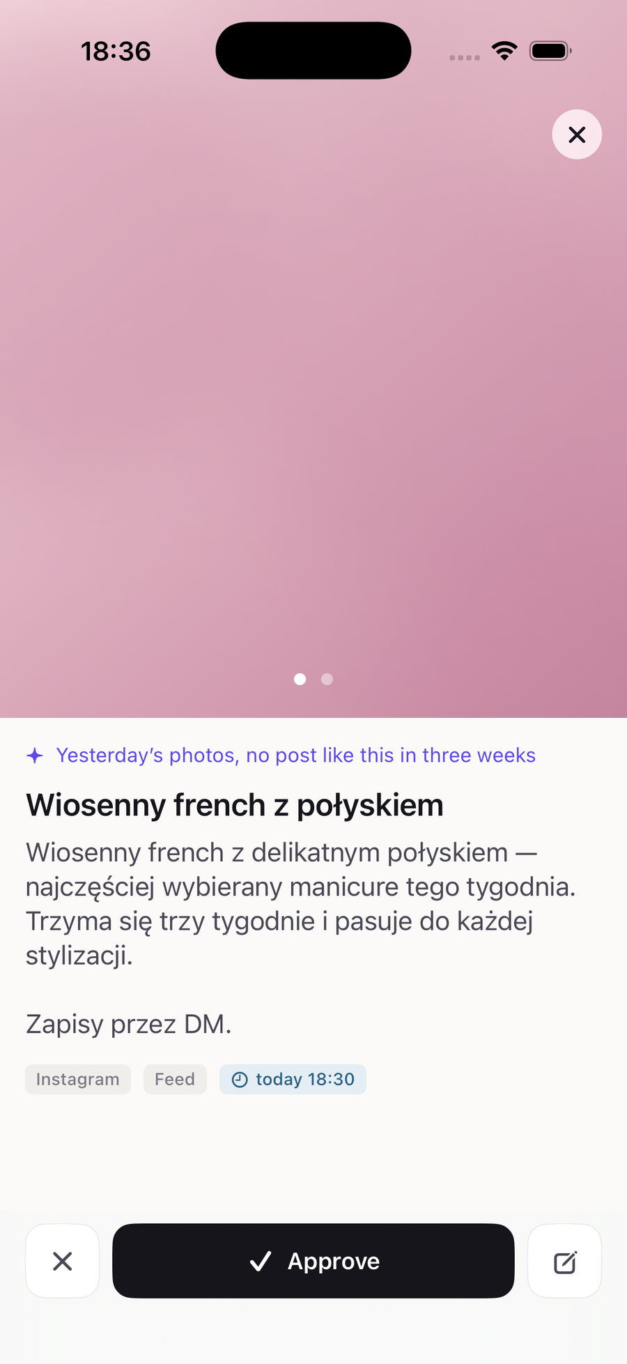 Kivnu: a post ready to go. One tap to approve.