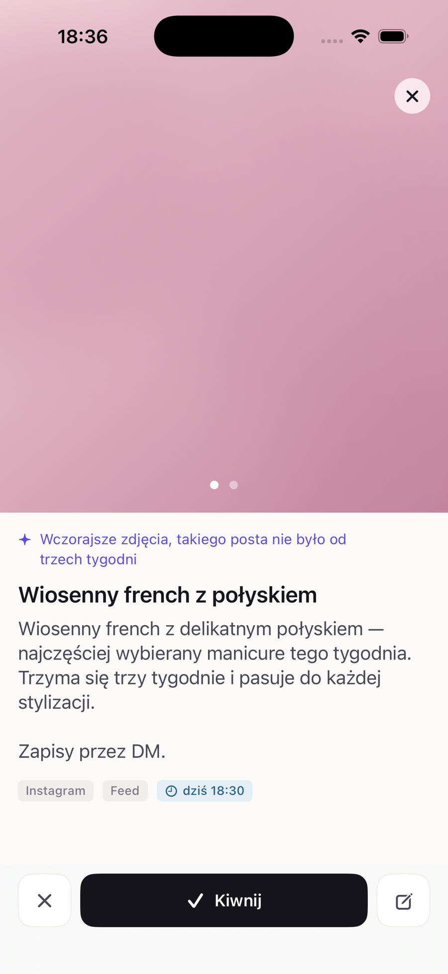 Kivnu: post gotowy do publikacji. Jedno dotknięcie, żeby zatwierdzić.
