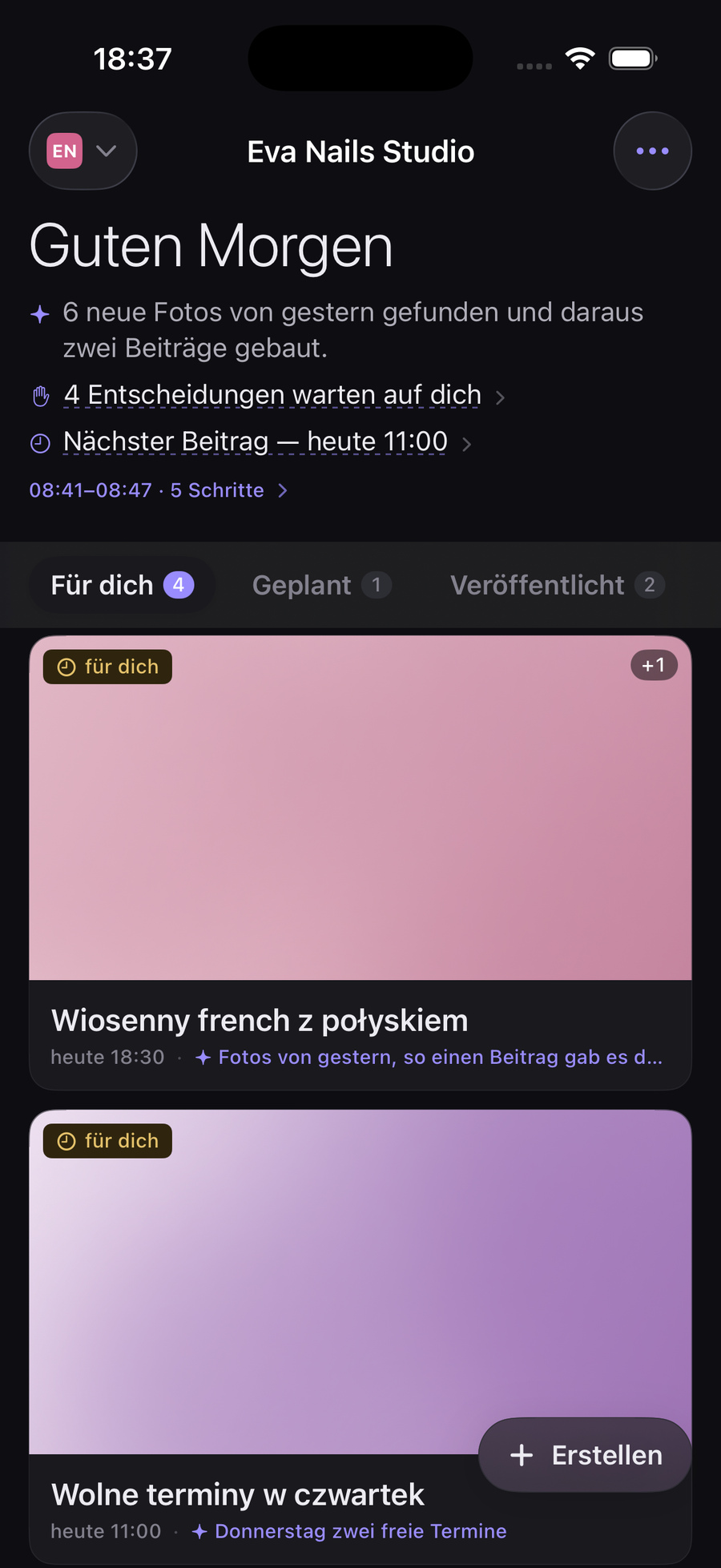 Kivnu, neuer Build: der Tag in einem Feed, Beiträge warten auf Freigabe.