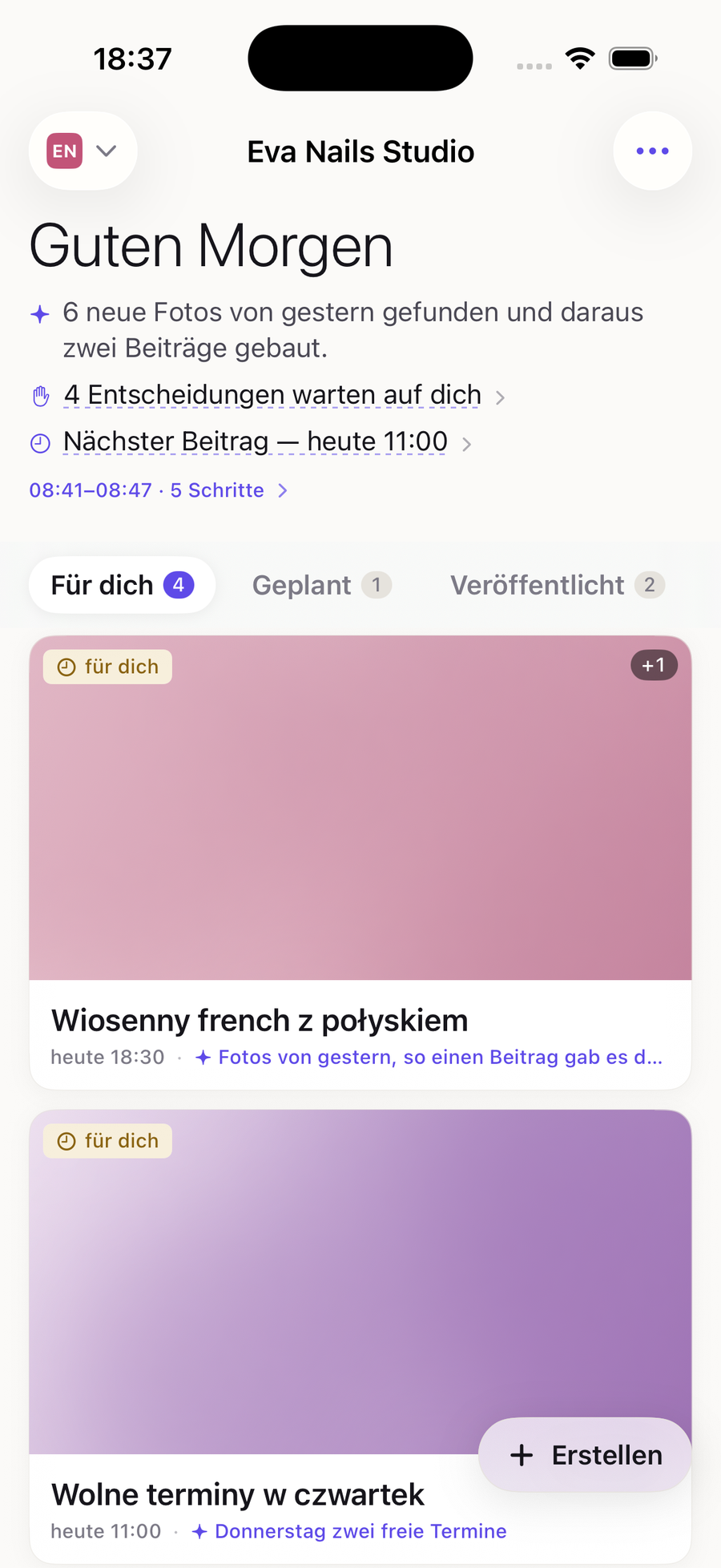 Kivnu, neuer Build: der Tag in einem Feed, Beiträge warten auf Freigabe.
