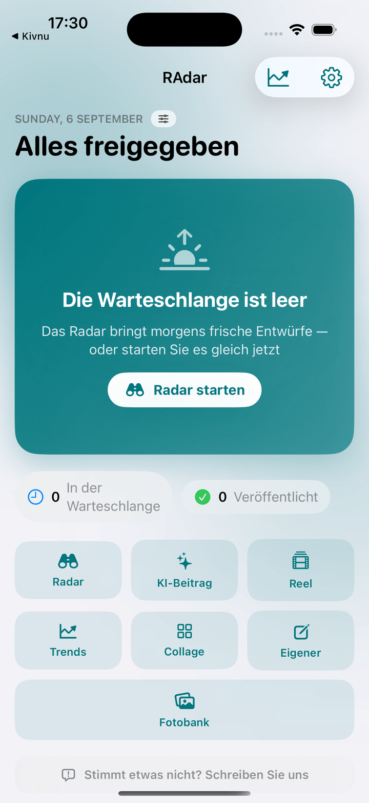 Die Händler-App im täglichen Einsatz in unserem eigenen Betrieb: Nachrichtenradar, Entwürfe, Fotobank.