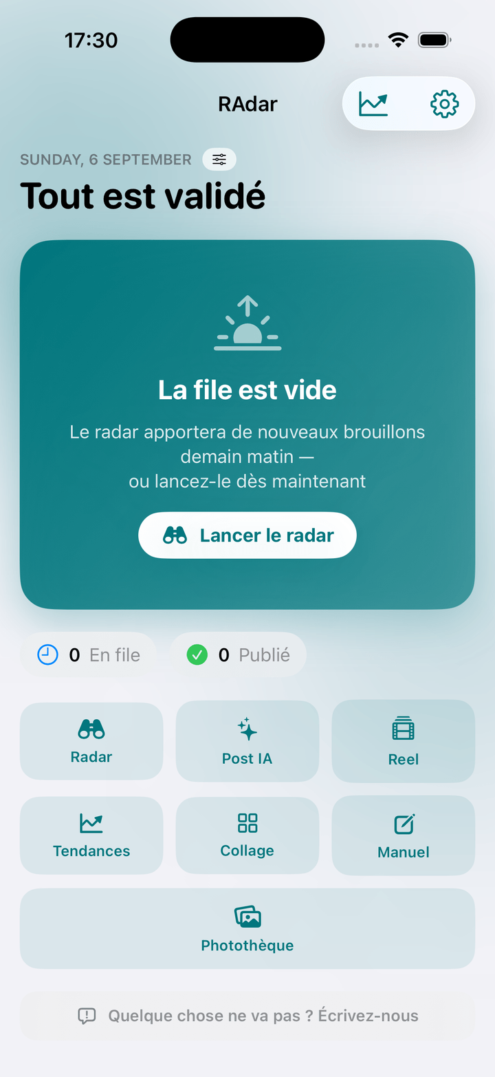 L’application concessionnaire en usage quotidien dans notre propre société : radar d’actualités, brouillons, photothèque.