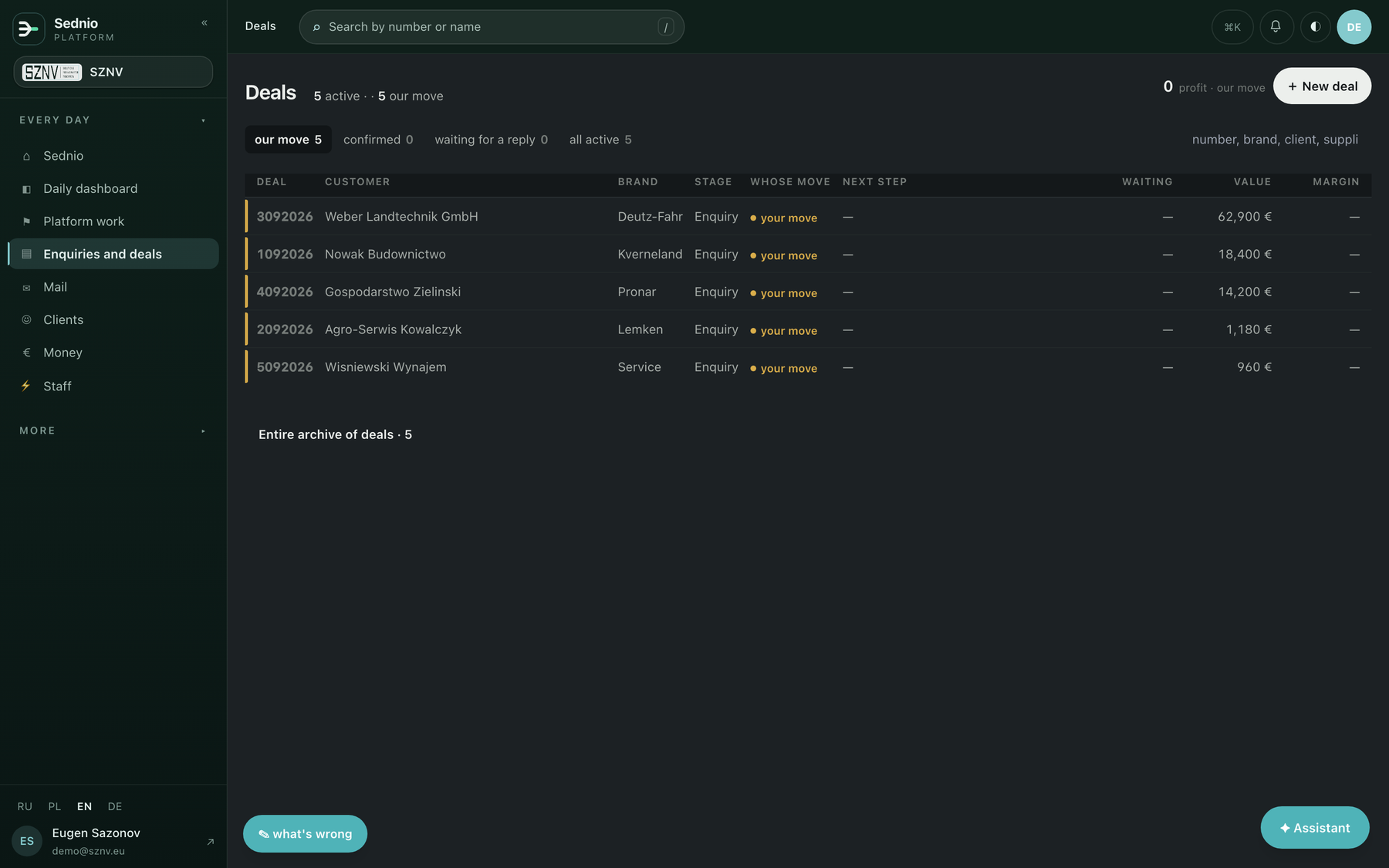 Sednio: enquiries and deals in one list. Demo data.