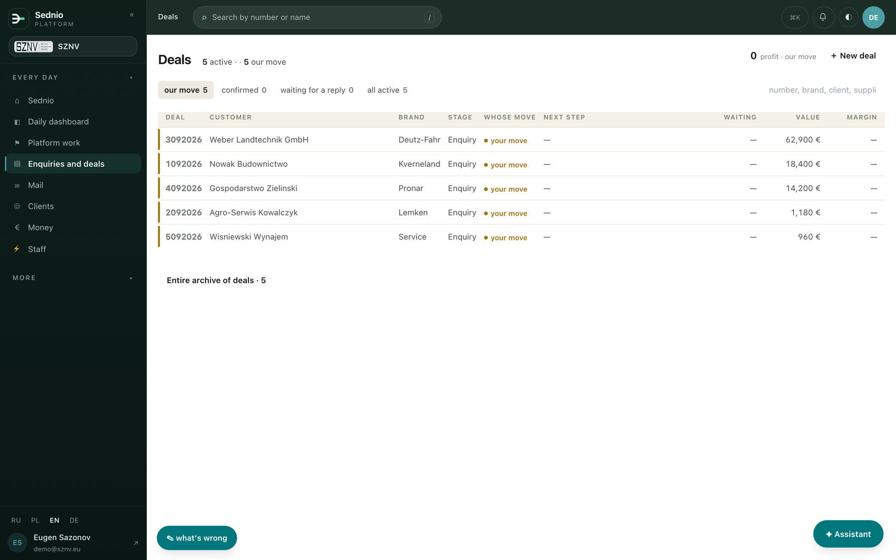 Sednio: enquiries and deals in one list. Demo data.