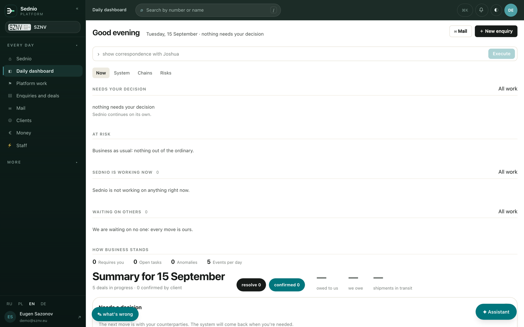 Sednio: the morning summary. Demo data.