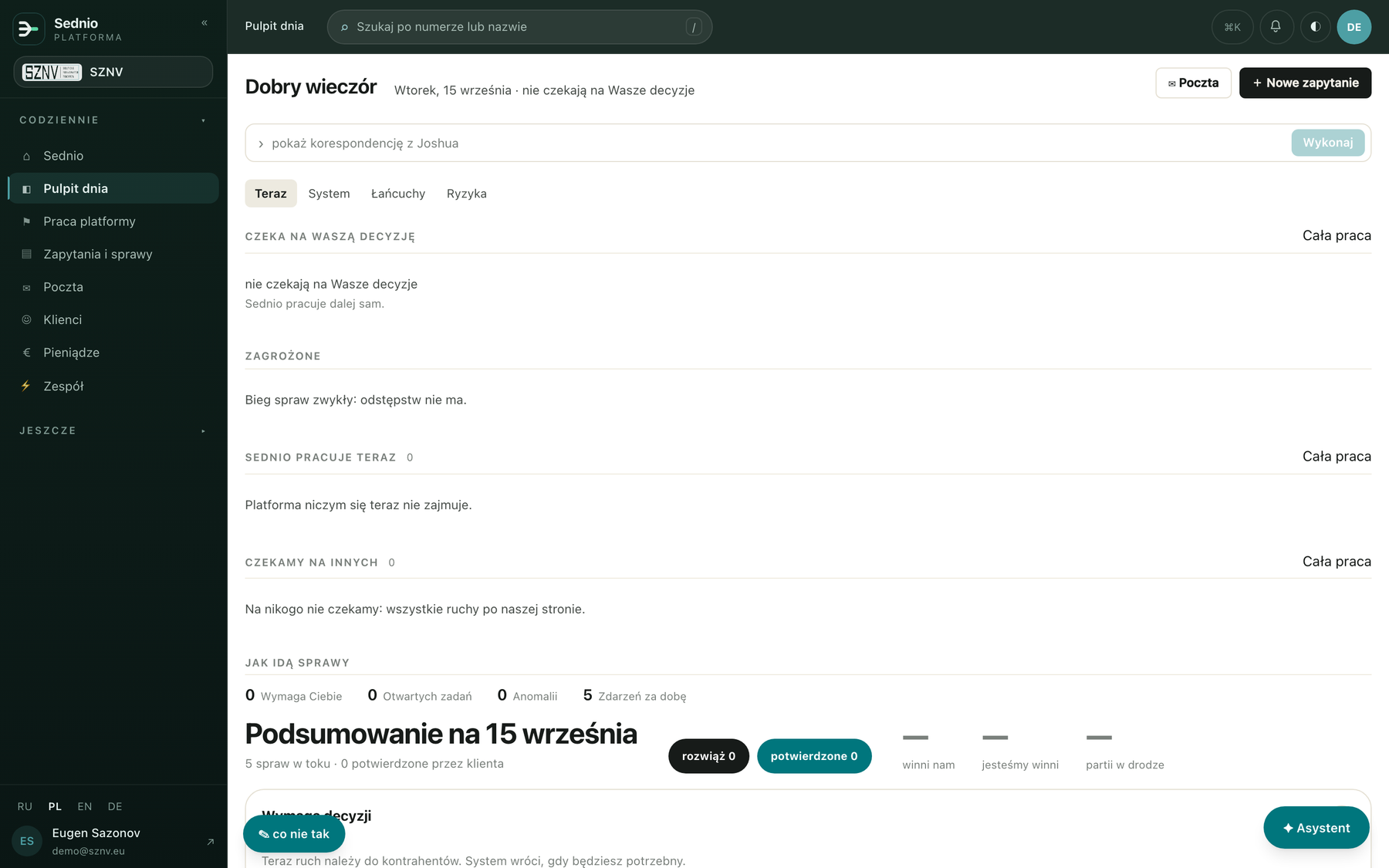 Sednio: poranne podsumowanie. Dane przykładowe.
