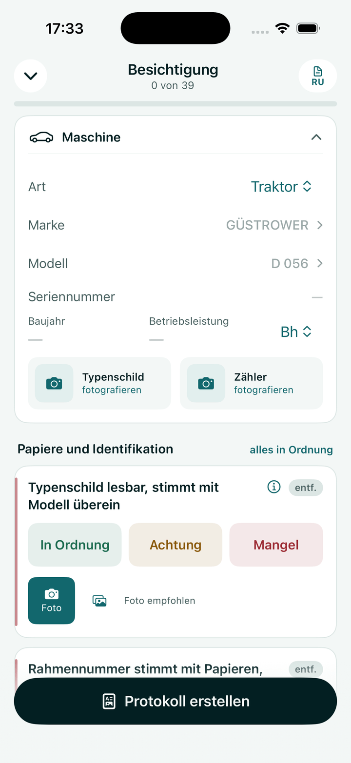 Tractorpass auf dem iPhone: Checkliste für den Maschinentyp, Fotos, Mängel. Echter Build.