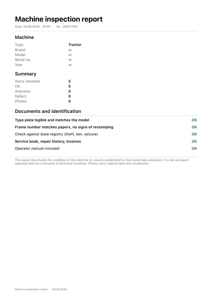 Tractorpass on iPhone: checklist for the machine type, photos, defects. Real build.